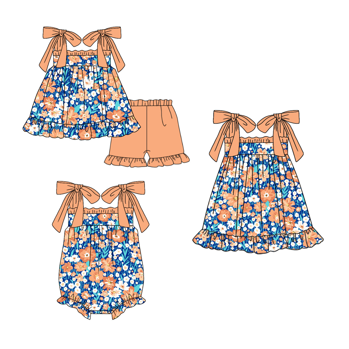 11.18(Custom Design Preorder MOQ 5 Each Design) Flowers Orange Print Girls Summer Matching Clothes Set Sisters Wear