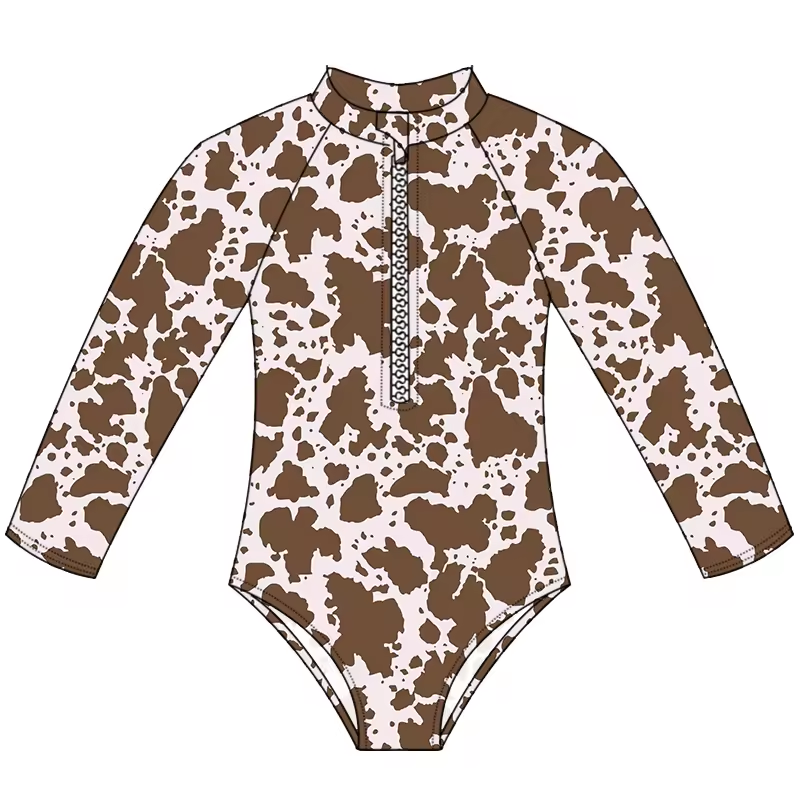 (Custom Design Preorder MOQ 5) Brown Cowhide Print Girls 1 Piece Long Sleeve Zipper Swimsuits