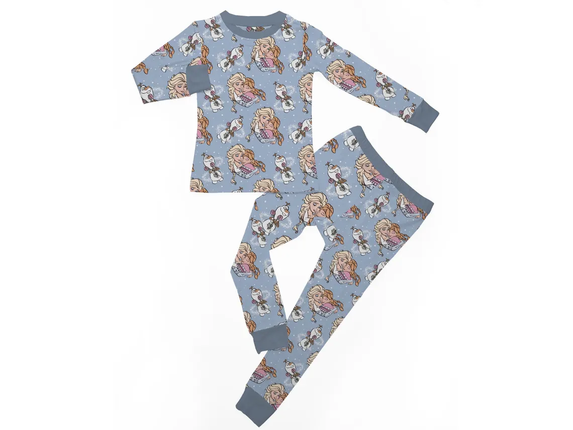 (Custom Design Preorder MOQ 20) Cartoon Princess Gray Print Girls Fall Bamboo Pajamas Clothes Set