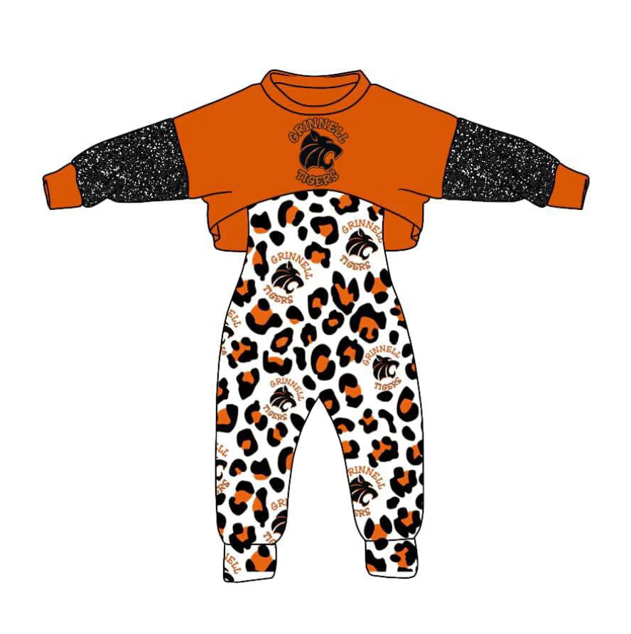 (Custom Design Preorder MOQ 5) Team's Tigers Top Leopard Jumpsuits Girls Clothes Set