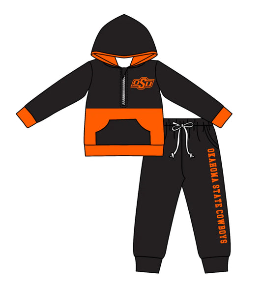 (Custom Design Preorder MOQ 5) Team's Oklahoma State Print Hoodie Zipper Top Pockets Pants Boys Fall Clothes Set