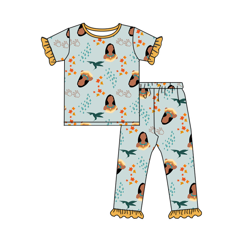 (Custom Design Preorder MOQ 5) Cartoon Princess Leaf Print Girls Pajamas Clothes Set