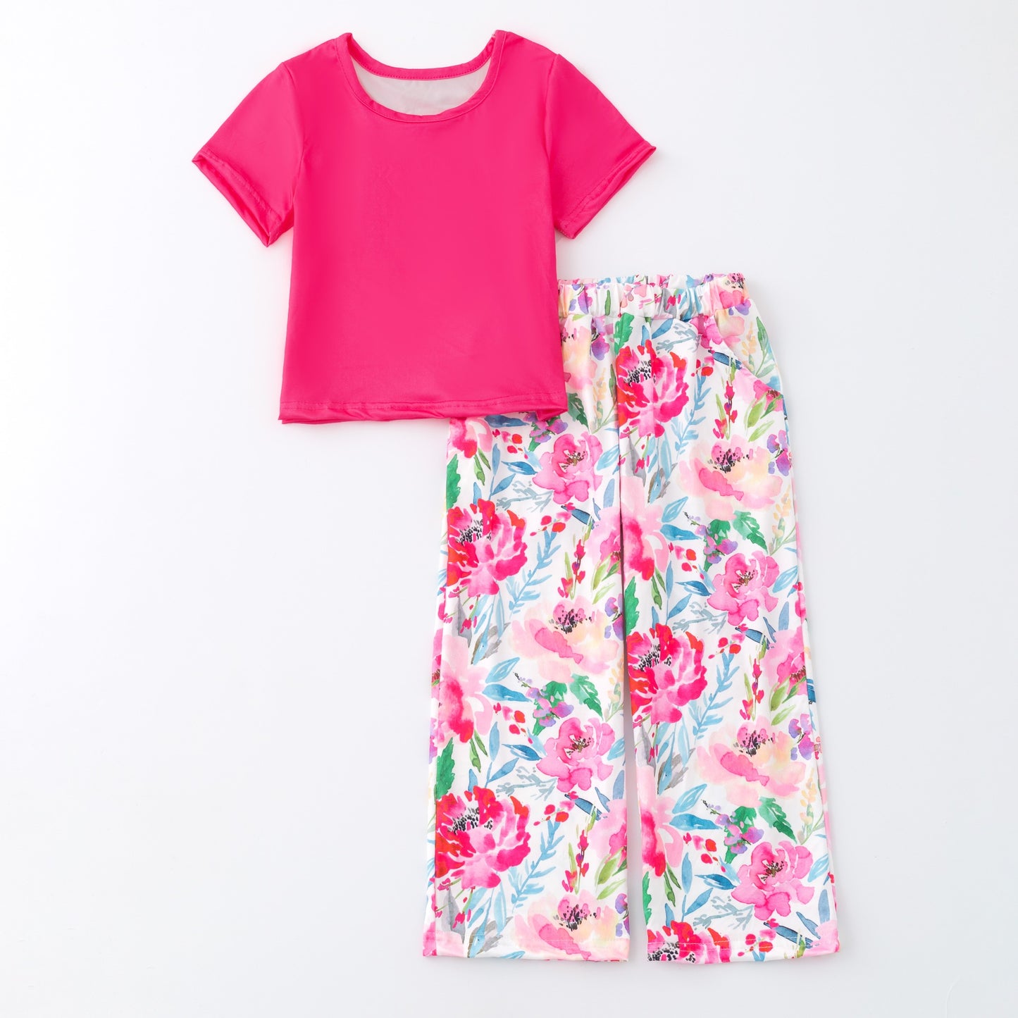 (Custom Design Preorder MOQ 5) Hot Pink Top Flowers Pockets Pants Girls Clothes Set