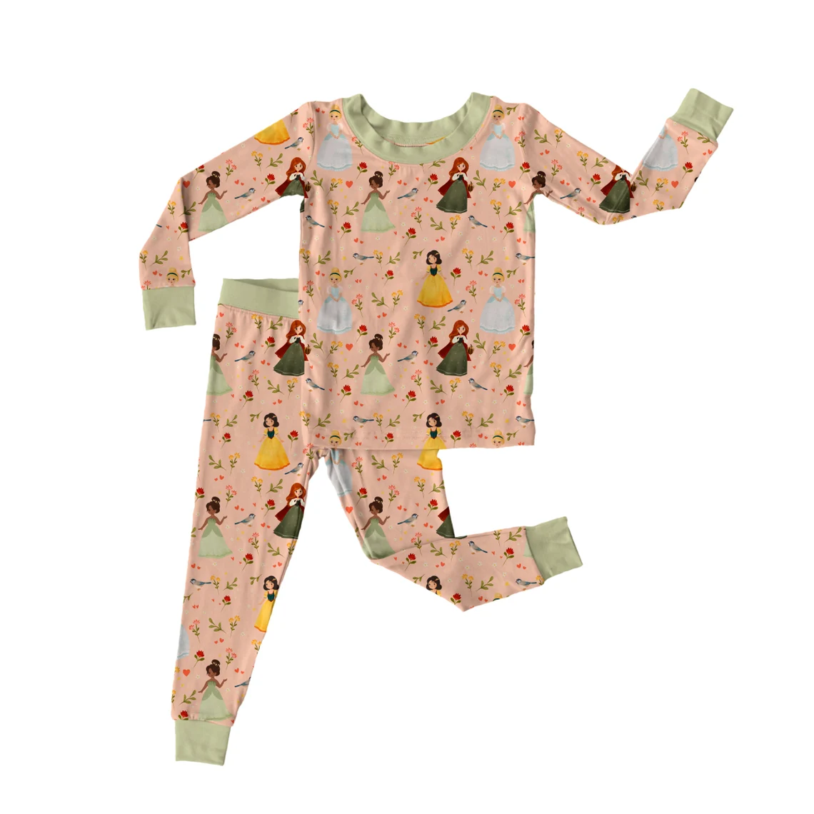 (Custom Design Preorder MOQ 20) Cartoon Princess Flowers Print Girls Fall Pajamas Bamboo Clothes Set