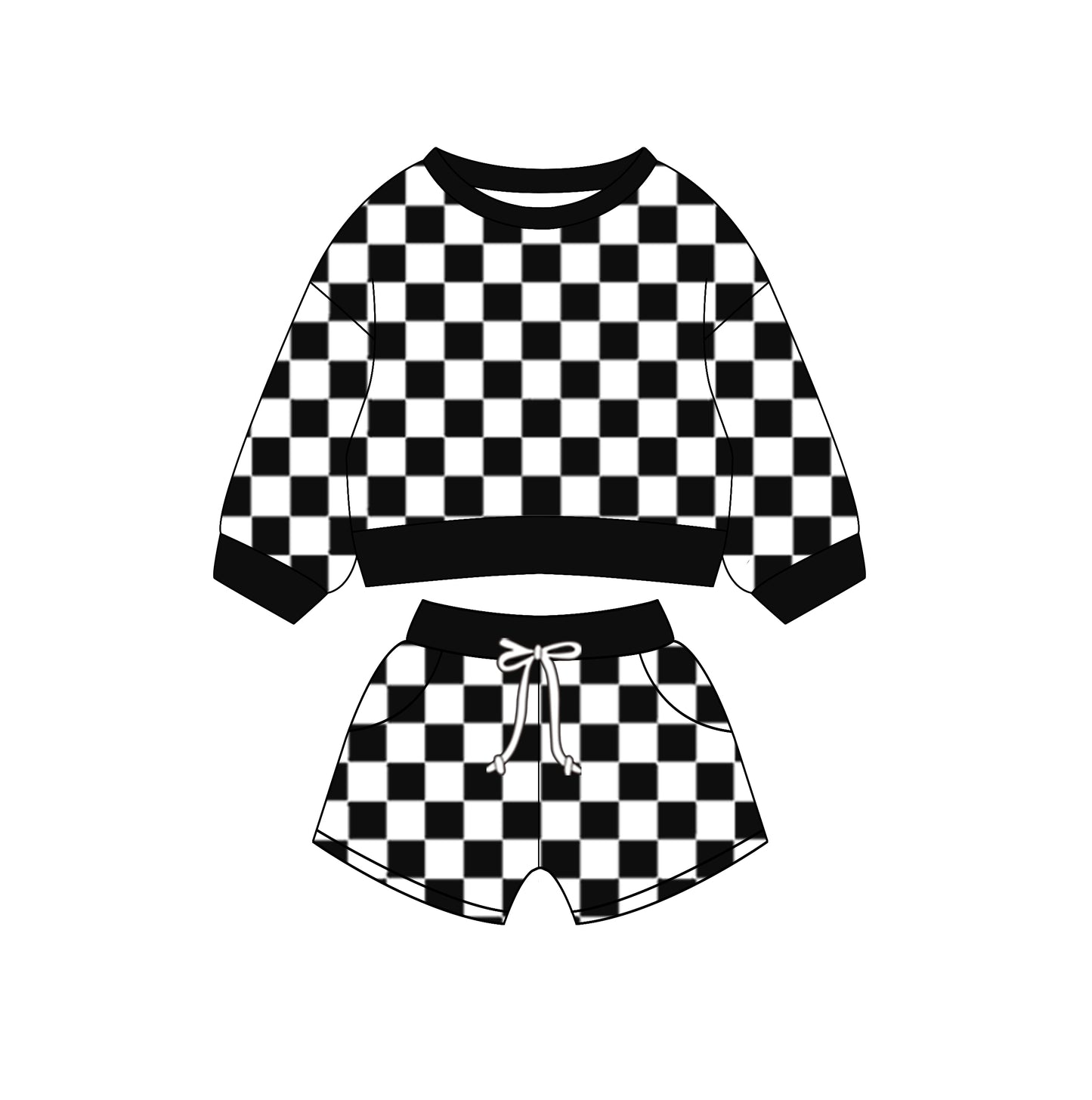 (Custom Design Preorder MOQ 5) Black Plaid Long Sleeve Top Pockets Shorts Girls Clothes Set