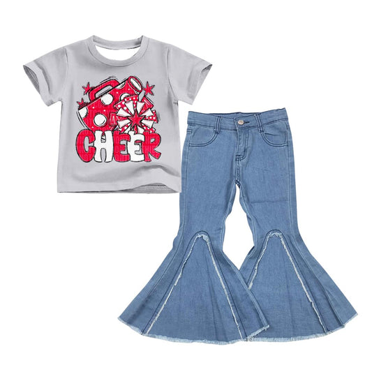 (Custom Design Preorder MOQ 5) D6-29 Cheer Red Star Top Blue Bell Jeans Girls Clothes Set