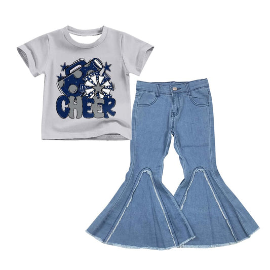 (Custom Design Preorder MOQ 5) D6-29 Cheer Navy Star Top Blue Bell Jeans Girls Clothes Set