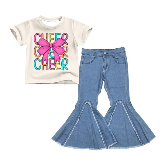 (Custom Design Preorder MOQ 5) D6-29 Cheer Pink Bow Top Blue Bell Jeans Girls Clothes Set