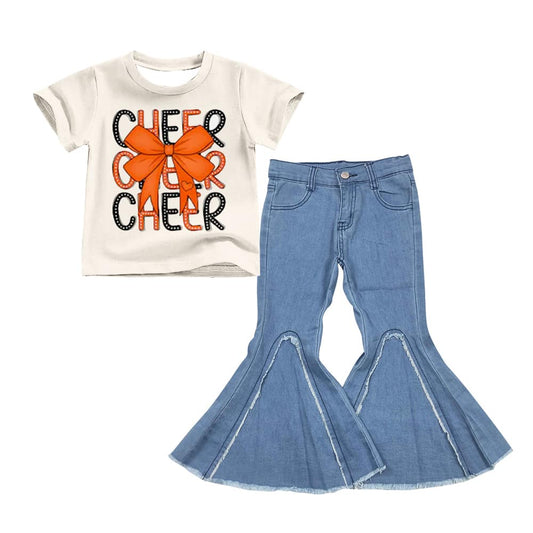 (Custom Design Preorder MOQ 5) D6-29 Cheer Orange Bow Top Blue Bell Jeans Girls Clothes Set