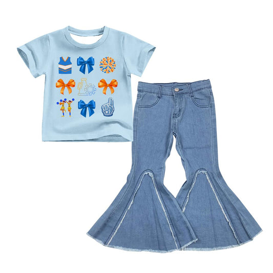 (Custom Design Preorder MOQ 5) D6-29 Cheer Blue Top Bell Jeans Girls Clothes Set