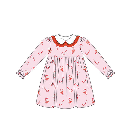 (Custom Design Preorder MOQ 5 ) Candy Cane Pink Print Girls Christmas Knee Length Dress