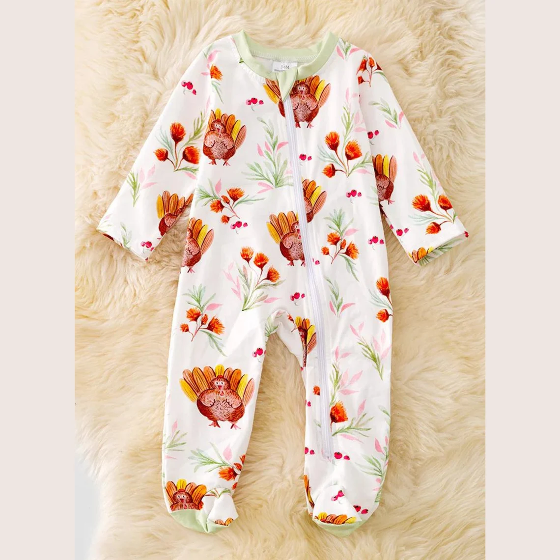 (Custom Design Preorder MOQ 20) Turkey Flowers Print Baby Girls Bamboo Thanksgiving Sleeper Zipper Romper