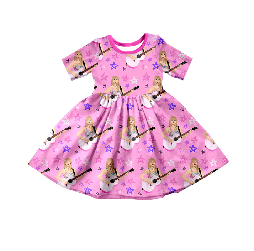 (Custom Design MOQ 5)NO.2 Pink Singer Design Girls Knee Length Dress