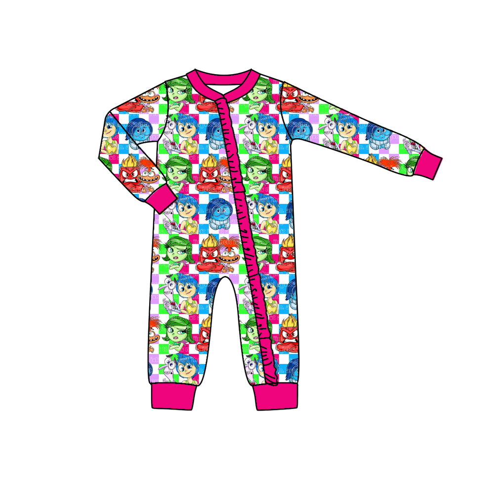 (Custom Design Preorder MOQ 5) Cartoon Figure Inside Out Hotpink Print Baby Girls Bamboo Sleeper Zipper Romper
