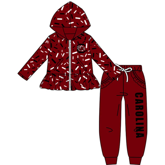 (Custom Design Preorder MOQ 5) Team's Gamecock Sprinkles Print Hoodie Zipper Top Pockets Pants Girls Fall Clothes Set