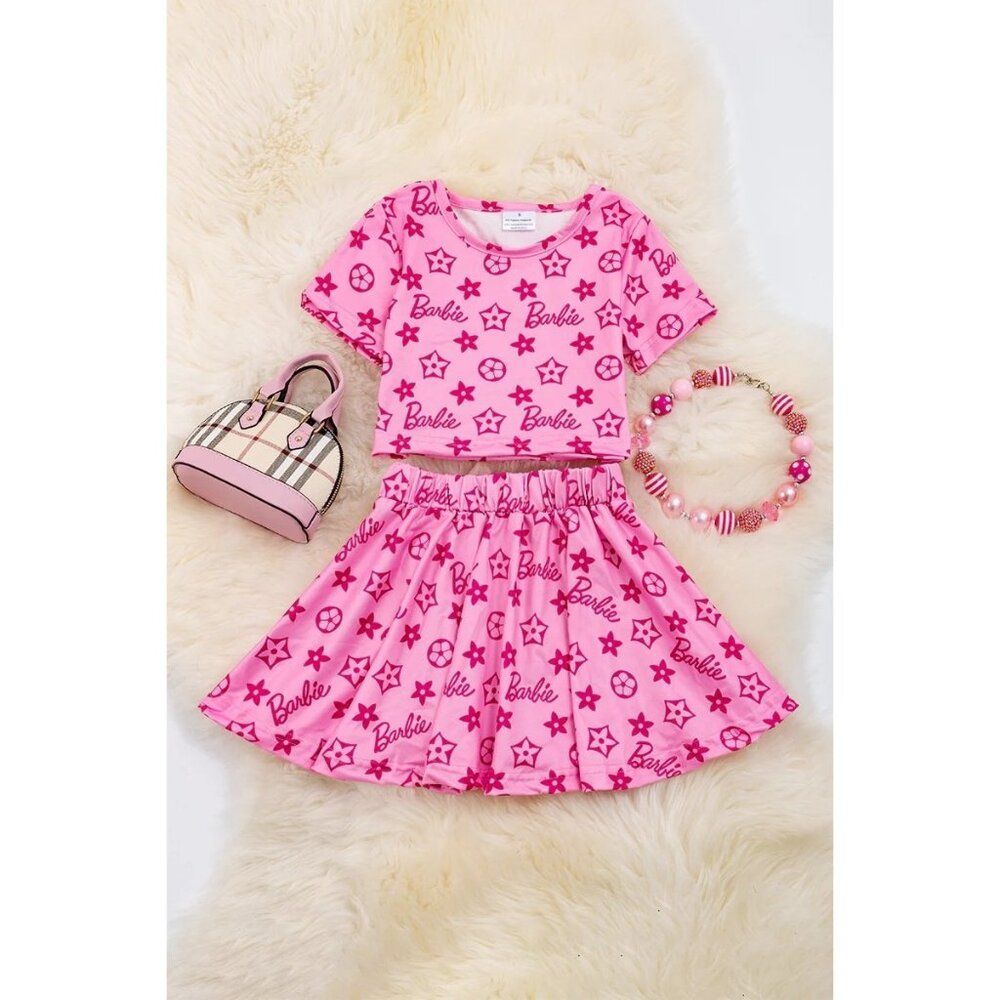 (Custom Design Preorder MOQ 5) Pink BA Flowers Top Skirts Shorts Girls Summer Clothes Sets