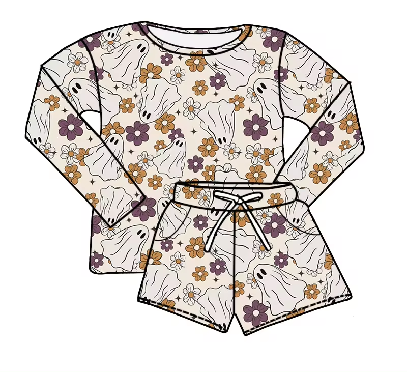 (Custom Design Preorder MOQ 5) Ghost Flowers Long Sleeve Top Shorts Girls Halloween Clothes Set