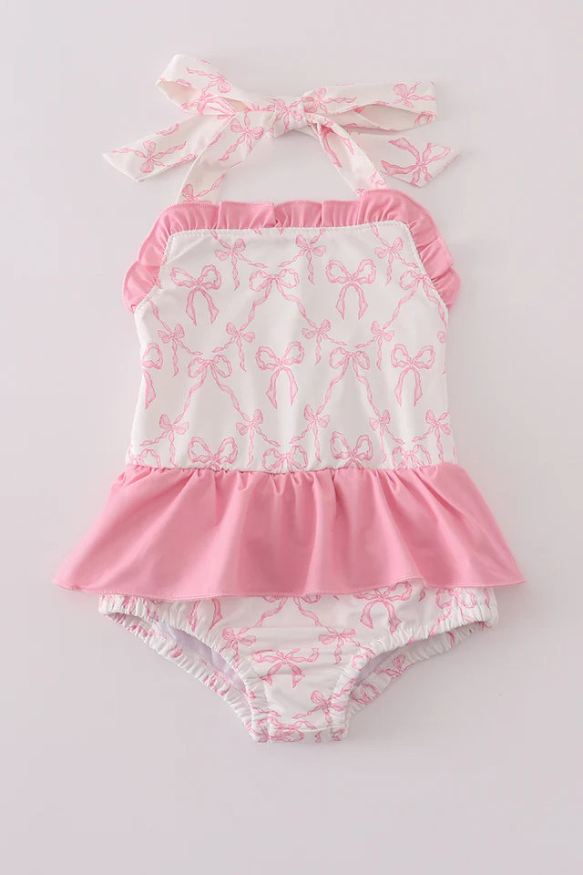 (Custom Design Preorder MOQ 5) Pink Bows Print Girls 1 Piece Halter Swimsuits