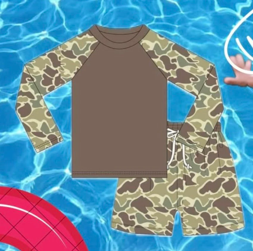 (Custom Design Preorder MOQ 5) Camo Print Boys 2 Piece Long Sleeve Swimsuits