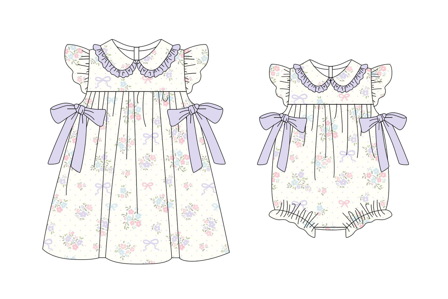 11.6(Custom Design Preorder MOQ 5 Each Design) Small Flowers Bows Print Girls Summer Matching Clothes Sisters Wear
