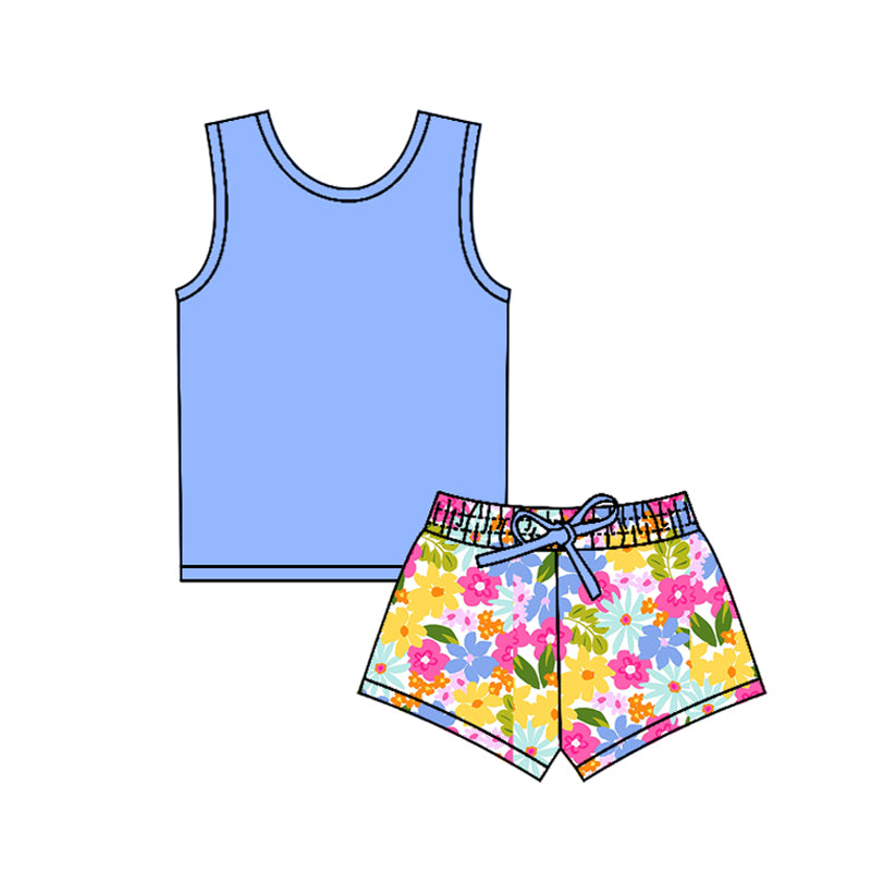 3.10(Custom Design Preorder MOQ 5) Blue Tank Top Flowers Shorts Girls Summer Clothes Set