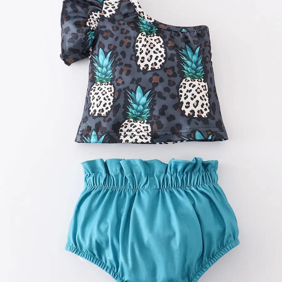 (Custom Design Preorder MOQ 5) Pineapple Leopard Top Blue Shorts Baby Girls Summer Bummie Set