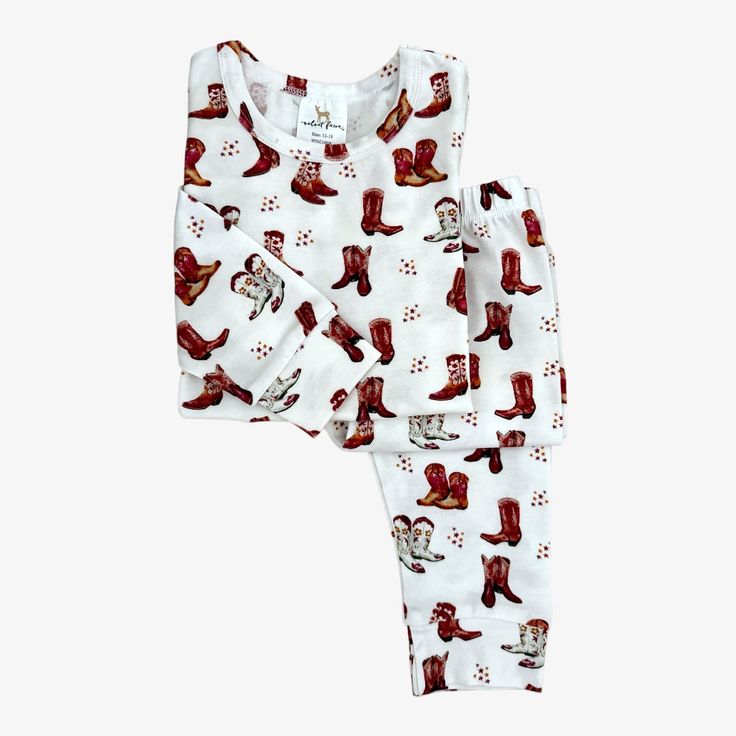 (Custom Design Preorder MOQ 20) Boots Print Kids Fall Pajamas Bamboo Clothes Set