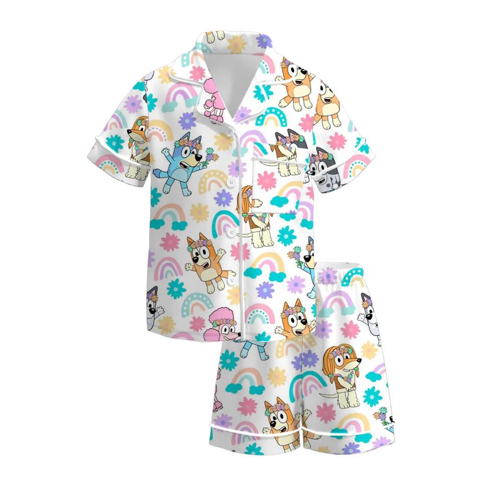 (Custom Design Preorder MOQ 5) Cartoon Dog Rainbow Shorts Girls Summer Buttons Pajamas Clothes Set