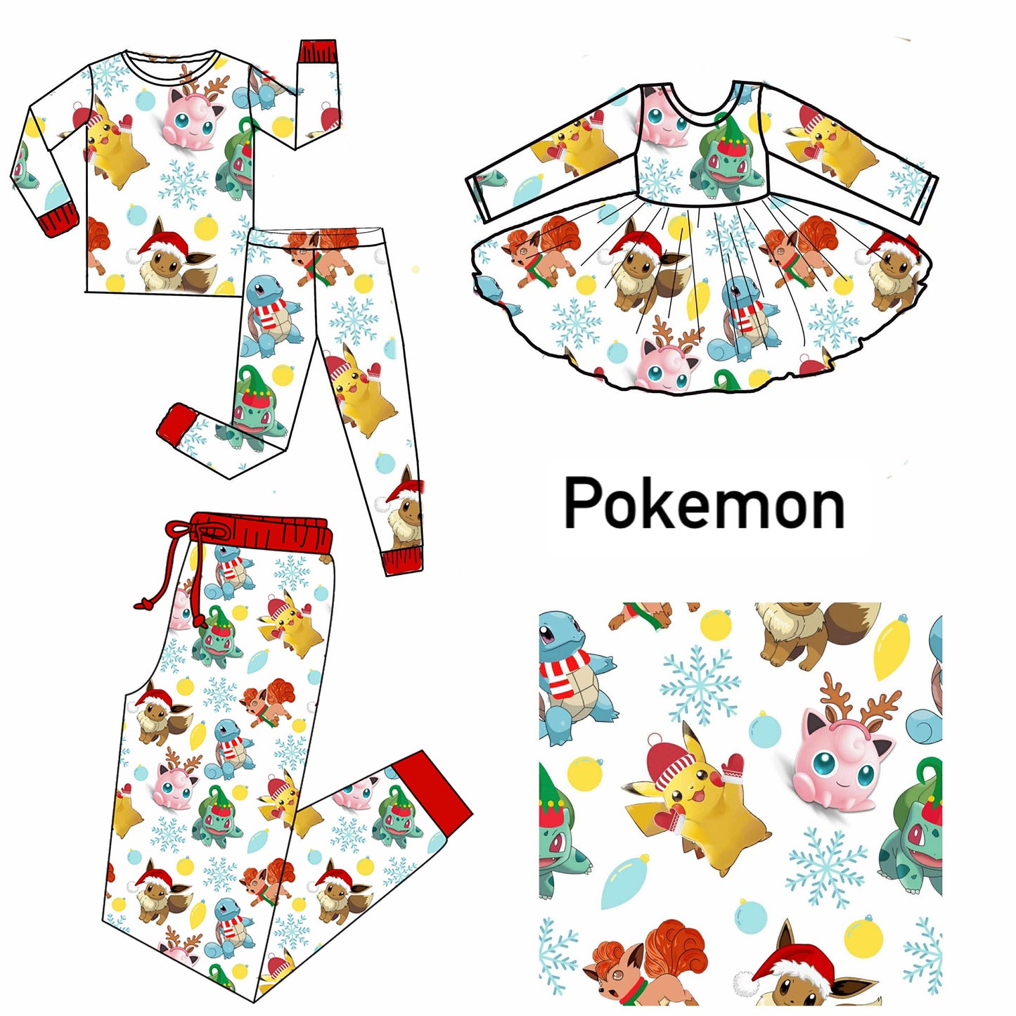 (Custom Design Preorder MOQ 5 Each Item)Cartoon Characters Pokemo* Print Family Christmas Matching Clothes