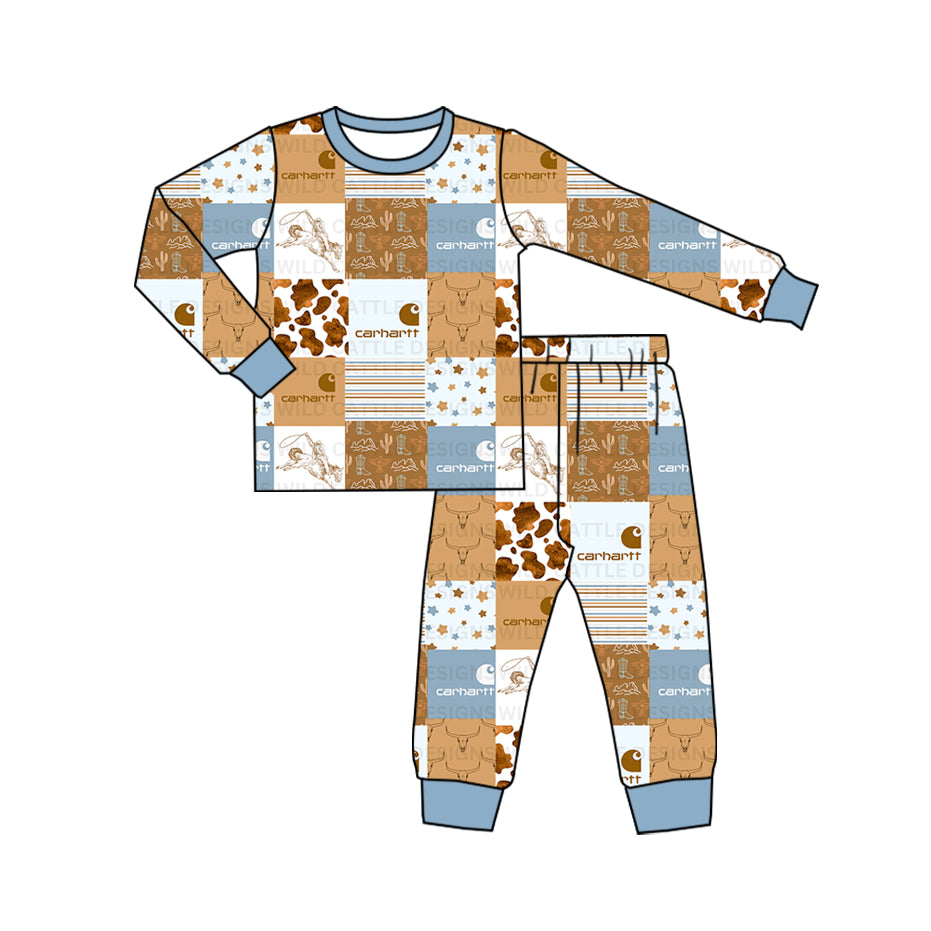 (Custom Design Preorder MOQ 20) Rodeo Western Shopping Print Baby Fall Pajamas Bamboo Clothes Set