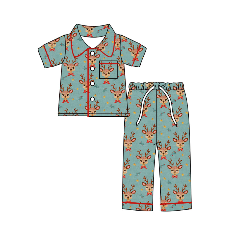 (Custom Design Preorder MOQ 5) Deer Print Girls Christmas Pajamas Clothes Set