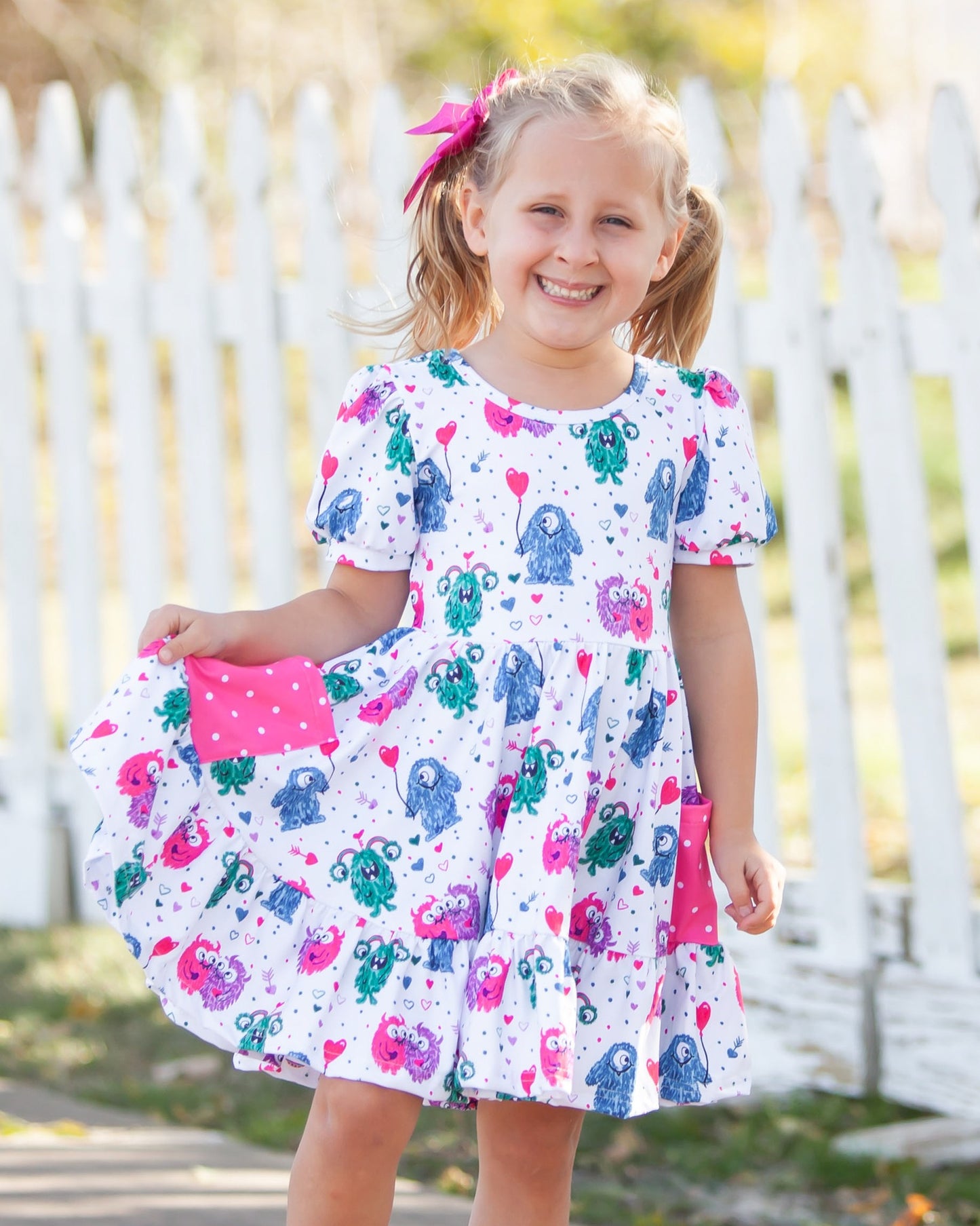 (Custom Design Preorder MOQ 5) Monster Heart Print Girls Valentine's Day Knee Length Dress