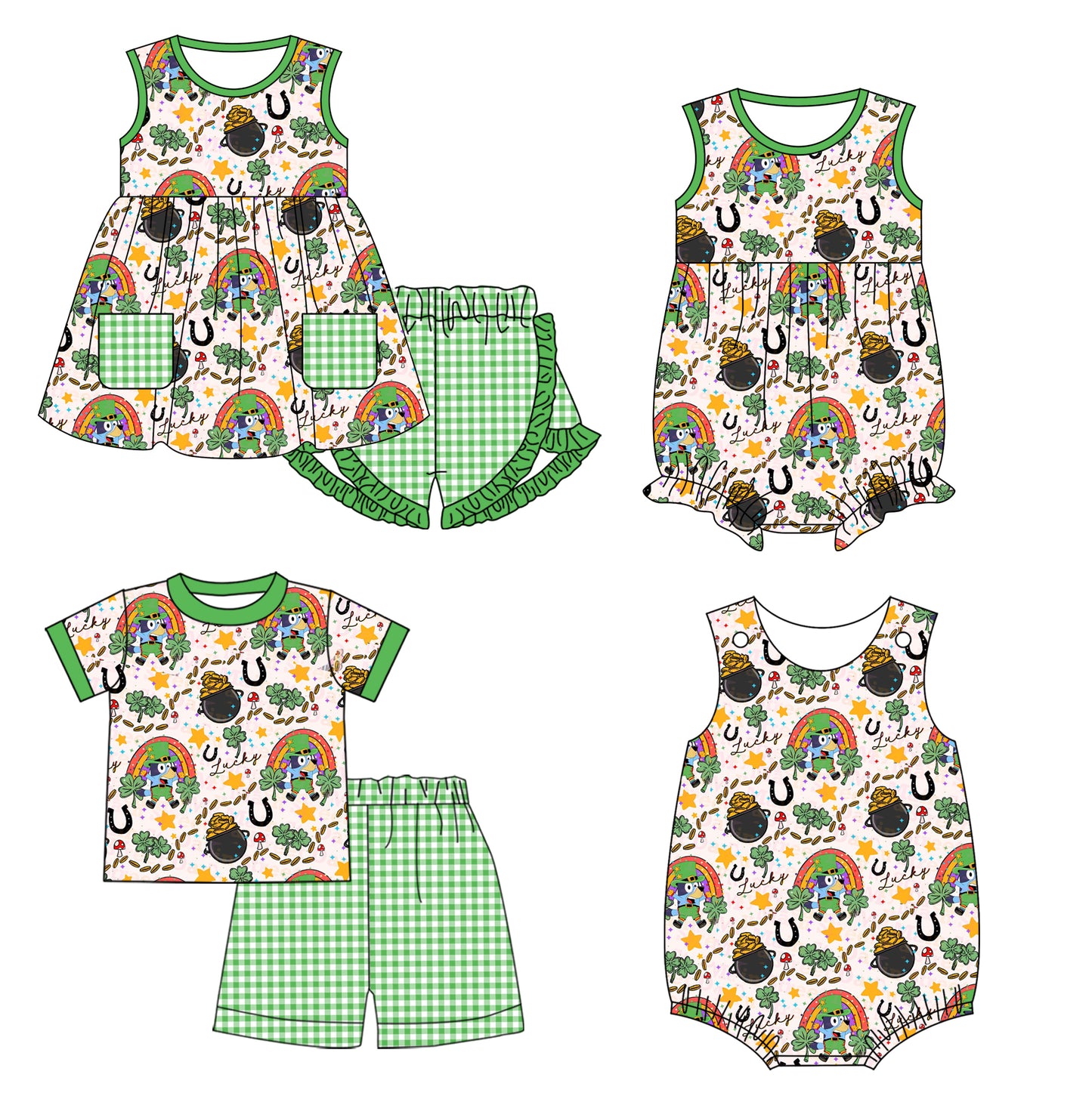 11.7(Custom Design Preorder MOQ 5 Each Design) Cartoon Dog Leef Rainbow Stars Print Kids St. Patrick's Day Matching Clothes Sibling Wear