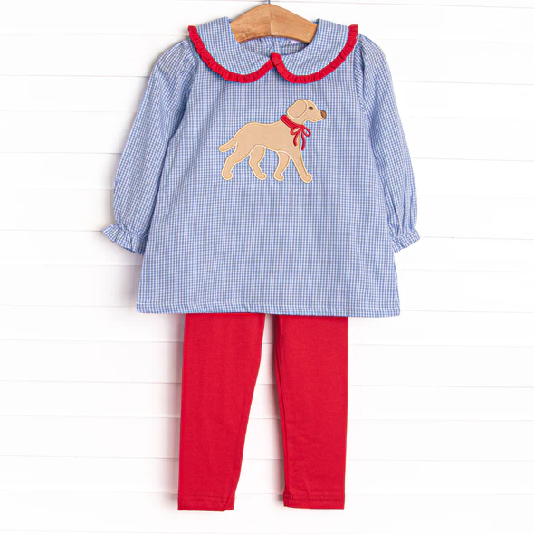 (Custom Design Preorder MOQ 5) Puppy Plaid Tunic Top Red Pants Girls Clothes Set