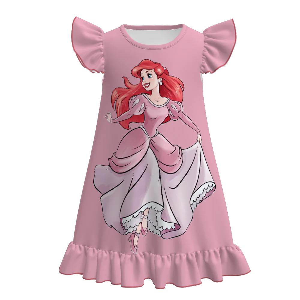 (Custom Design Preorder MOQ 5) Cartoon Princess Pink Print Girls Summer Knee Length Dress