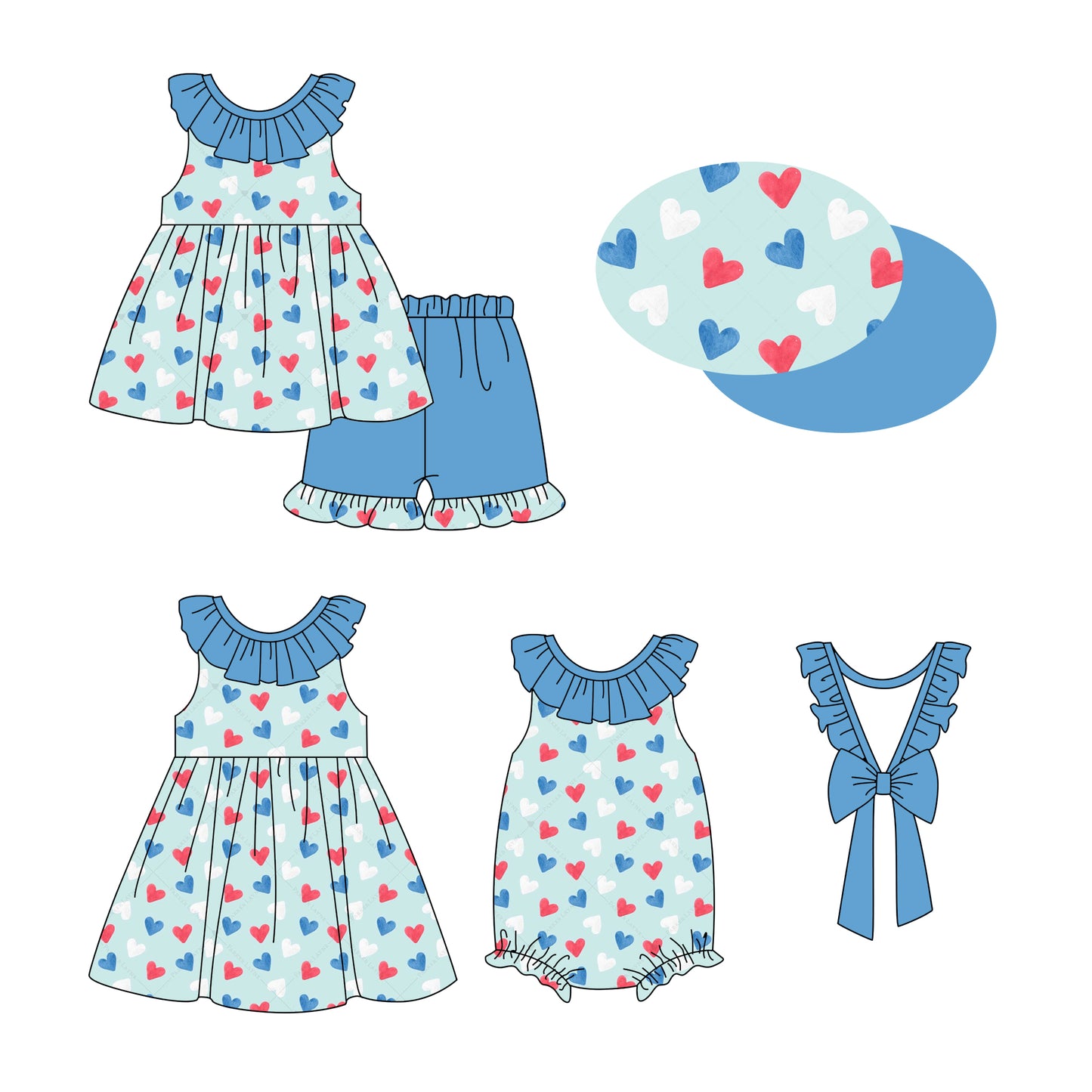 2.20(Custom Design Preorder MOQ 5 Each Design) Red Blue Heart Print Girls 4th of July Matching Clothes Sisters Wear