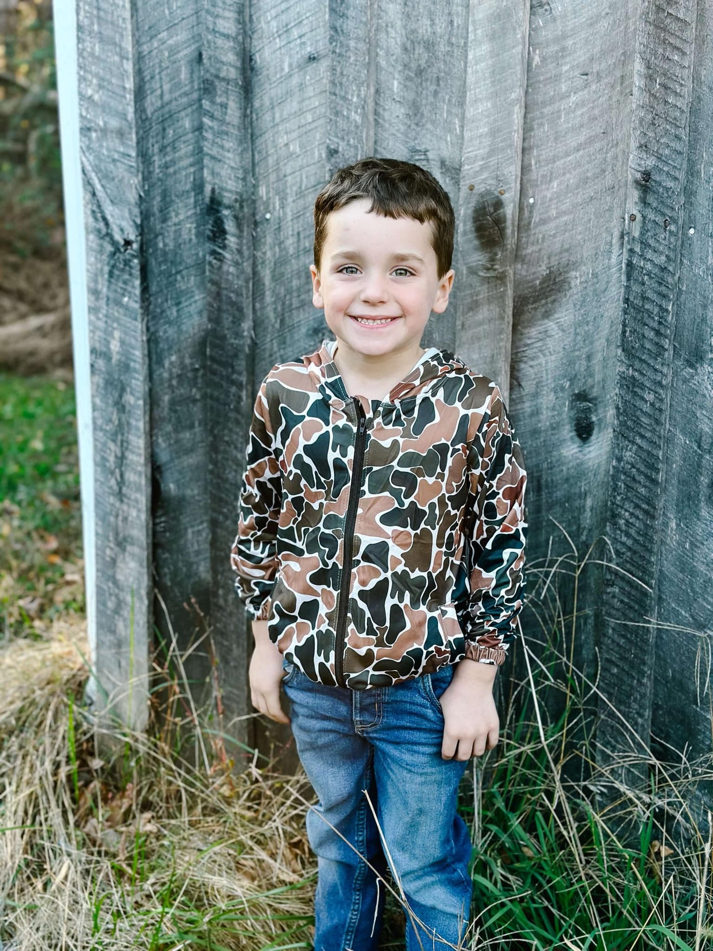 GT0635 Dark Brown Camo Print Pockets Kids Hoodie Zipper Jacker Top