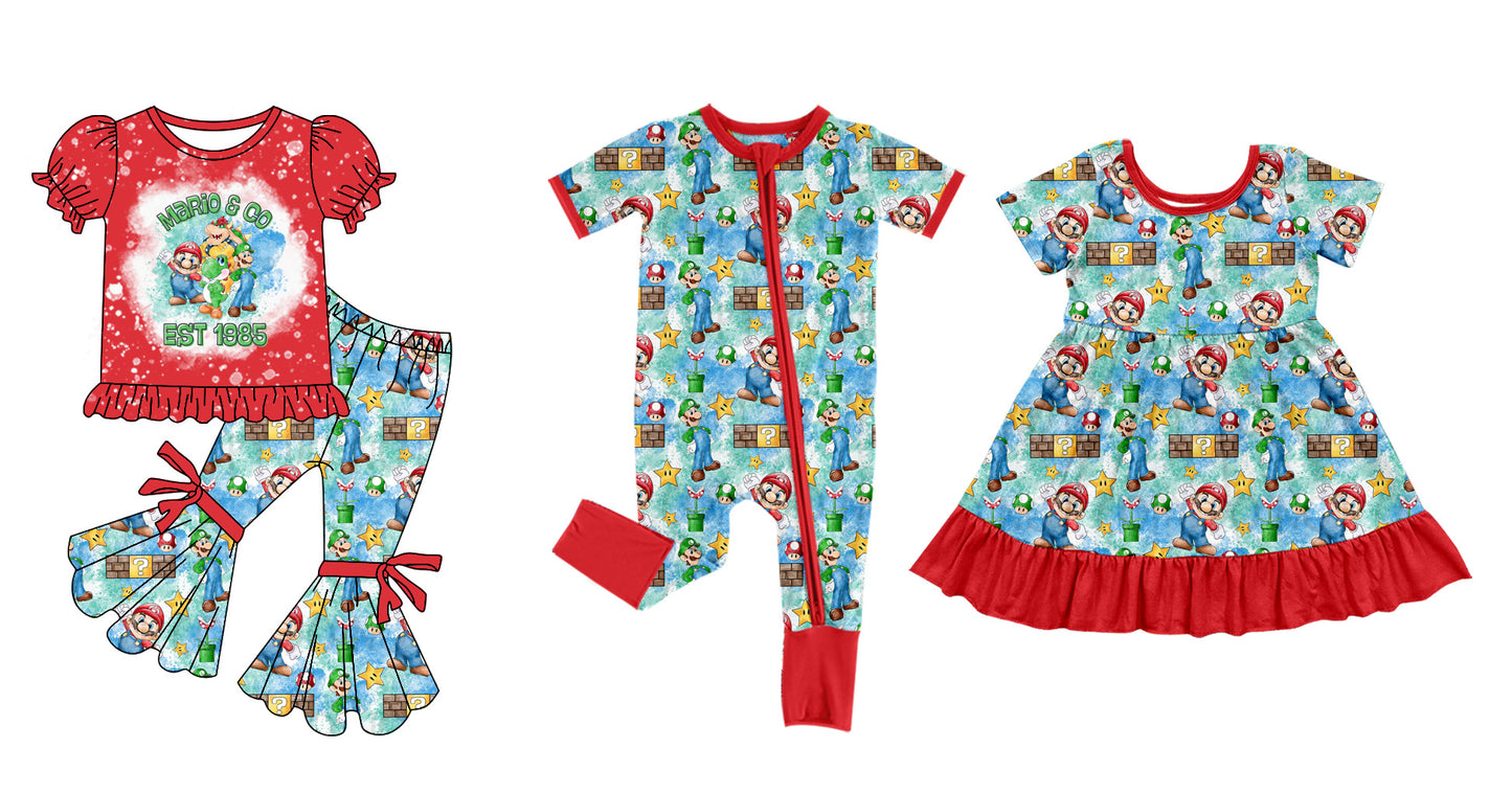 11.30(Custom Design Preorder MOQ 5 Each Design) Cartoon Games Mari* Red Print Girls Matching Clothes Sisters Wear