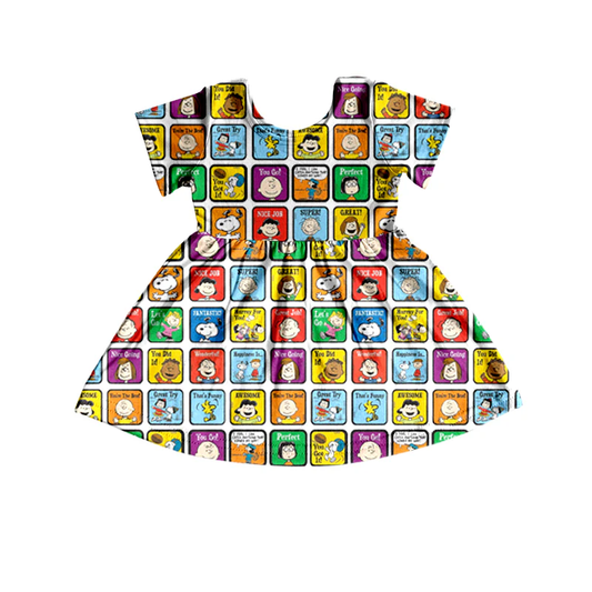 (Custom Design Preorder MOQ 5) Cartoon Characters Plaid Print Girls Summer Knee Length Dress
