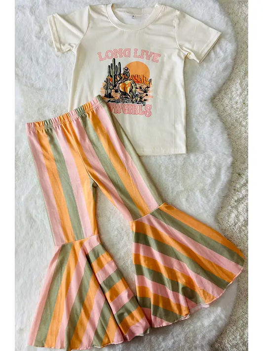 (Custom Design Preorder MOQ 5) Long Live Cowgirls Top Stripes Bell Pants Girls Clothes Set