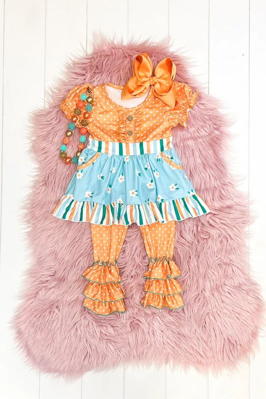 (Custom Design Preorder MOQ 5) Blue Flowers Tunic Top Ruffles Pants Girls Clothes Set