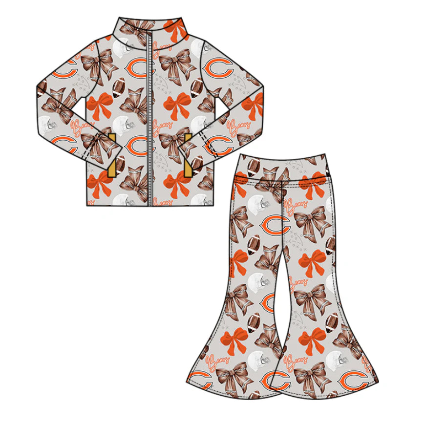 (Custom Design Preorder MOQ 5 Each Item)Team's BEARS Football Bows Print Girls Matching Clothes