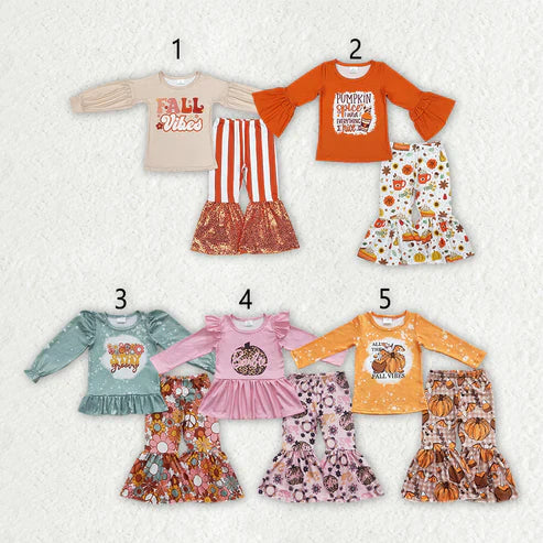 5 Styles Fall Pumpkin Print Bell Pants Girls Clothes Set Sisters Wear