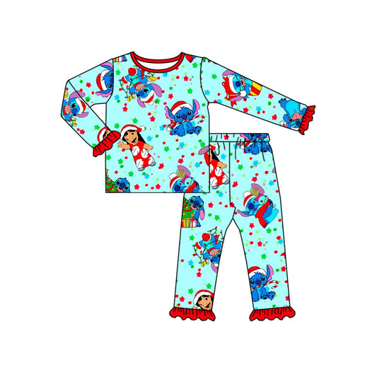 (Custom Design Preorder MOQ 20)  Cartoon Blue Animals Print Girls Christmas Bamboo Pajamas Clothes Set
