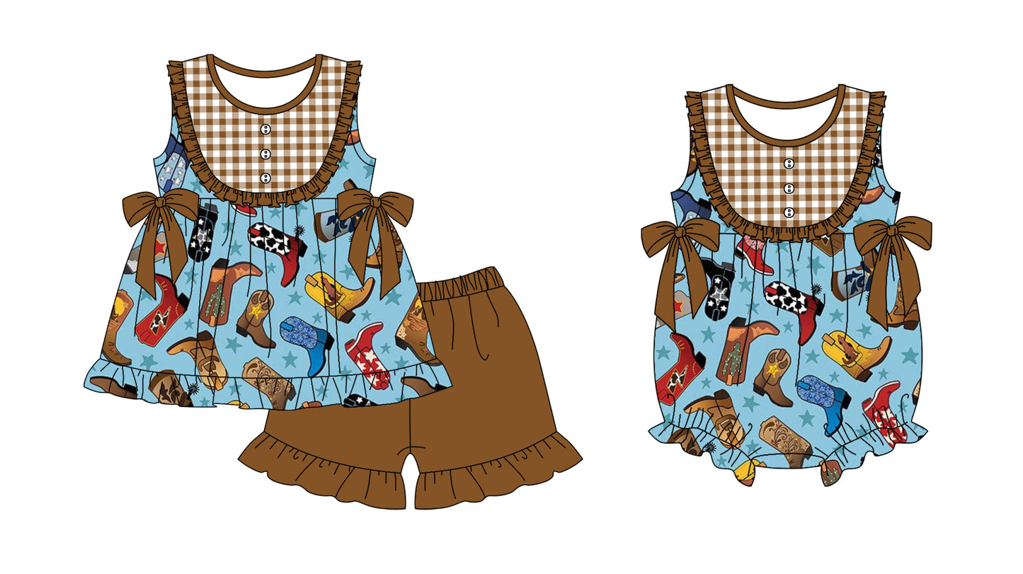 11.21(Custom Design Preorder MOQ 5 Each Design) Boots Stars Western Print Girls Summer Matching Clothes Sisters Wear
