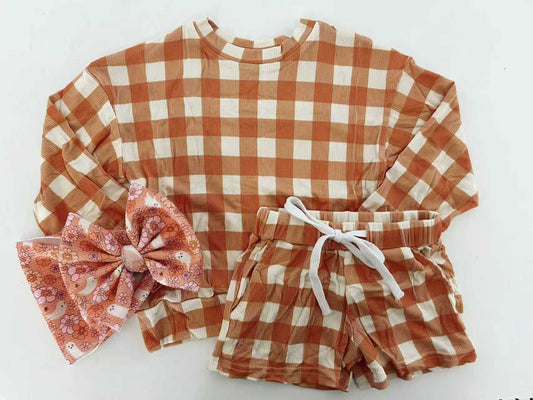 (Custom Design Preorder MOQ 5) Pumpkin Plaid Long Sleeve Top Pockets Shorts Girls Clothes Set