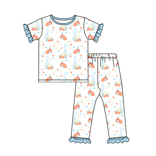(Custom Design Preorder MOQ 20) Bunny Flowers Print Girls Easter Bamboo Pajamas Clothes Set