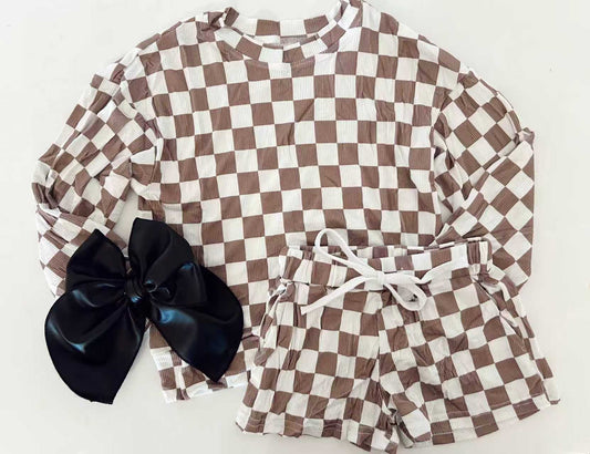 (Custom Design Preorder MOQ 5) Brown Plaid Long Sleeve Top Pockets Shorts Girls Clothes Set
