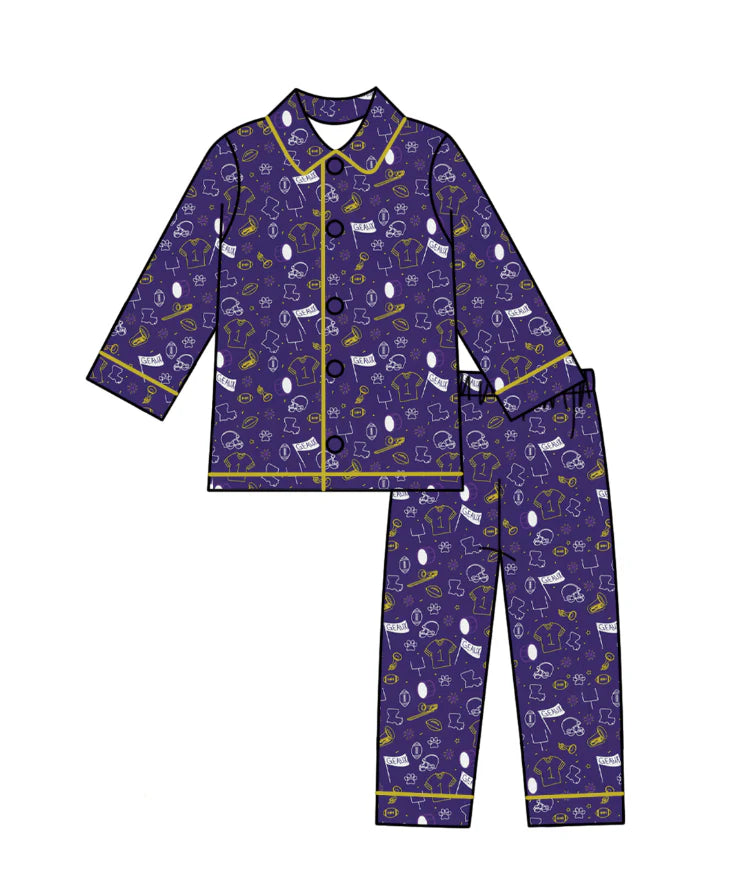 (Custom Design Preorder MOQ 5 Each Design) Team's Cheer Purple Print Buttons Pajamas Sets Mom and Me Matching Clothes