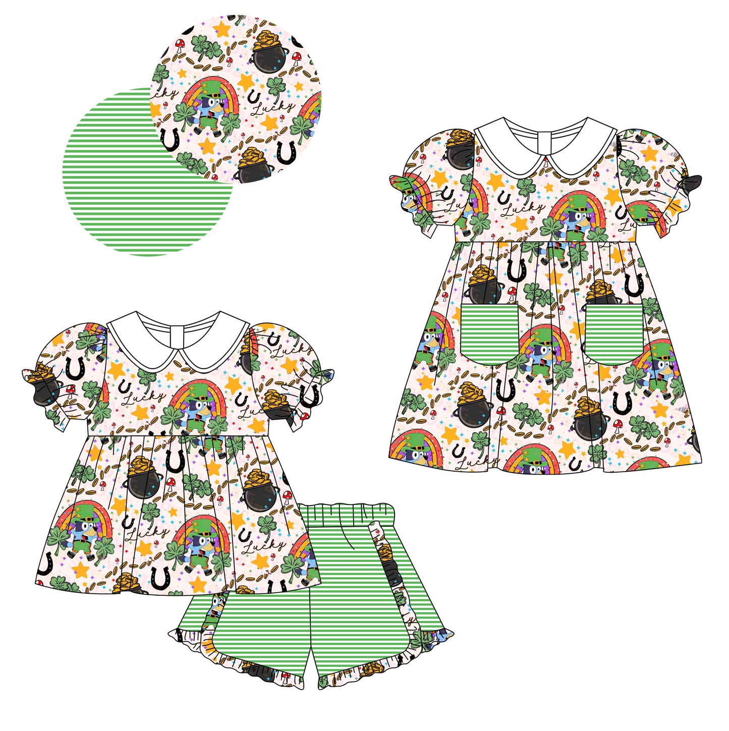 11.7(Custom Design Preorder MOQ 5 Each Design) Cartoon Dog Leef Rainbow Stars Print Girls St. Patrick's Day Matching Clothes Set Sisters Wear